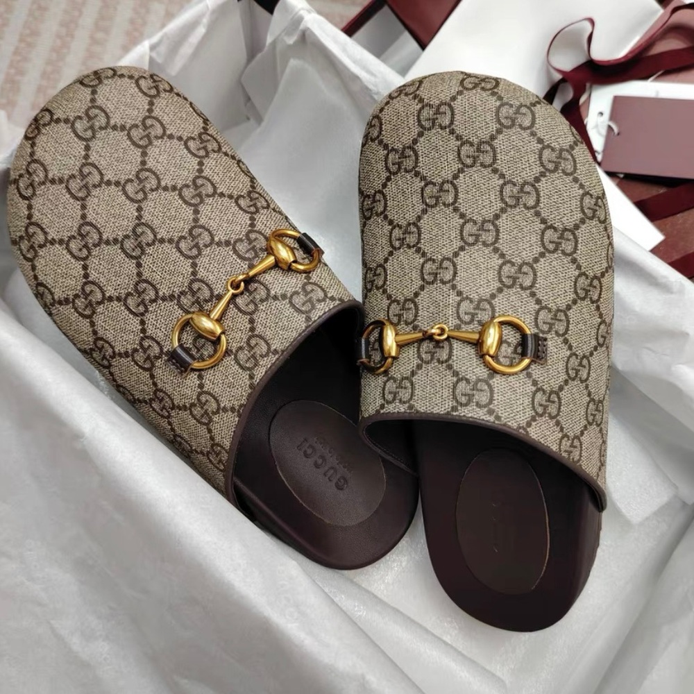 Gucci Women's Beige and Dark Brown Mules with Gold Accent